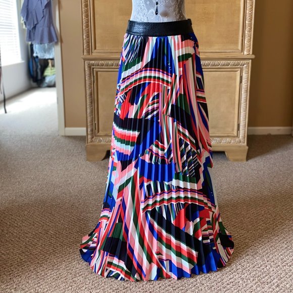 Blue Red Abstract Print Pleated Maxi Skirt Large - Picture 1 of 8